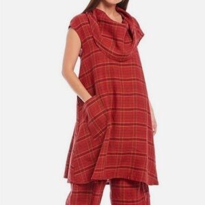 Bryn Walker Nolan Linen Dress Sz Small Red Plaid Cowl Neck Lagenlook Oversized